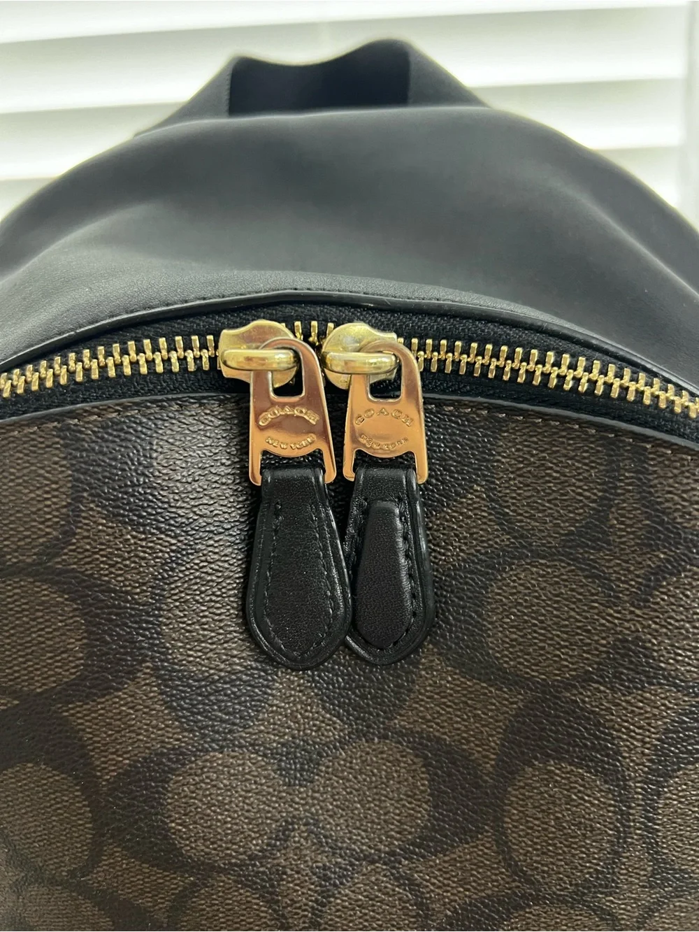 Coach Dark Brown Signature Canvas & Black Trim Backpack with Gold Hardware